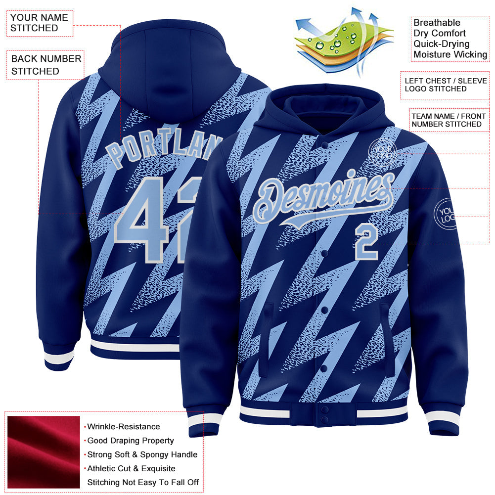 Custom Royal Light Blue-White Zigzag Shape 3D Pattern Design Bomber Full-Snap Varsity Letterman Hoodie Jacket