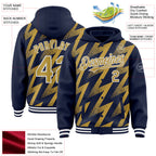 Custom Navy Old Gold-White Zigzag Shape 3D Pattern Design Bomber Full-Snap Varsity Letterman Hoodie Jacket