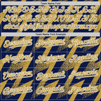 Custom Navy Old Gold-White Zigzag Shape 3D Pattern Design Bomber Full-Snap Varsity Letterman Hoodie Jacket