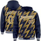 Custom Navy Old Gold-White Zigzag Shape 3D Pattern Design Bomber Full-Snap Varsity Letterman Hoodie Jacket