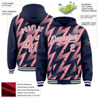 Custom Navy Medium Pink-White Zigzag Shape 3D Pattern Design Bomber Full-Snap Varsity Letterman Hoodie Jacket