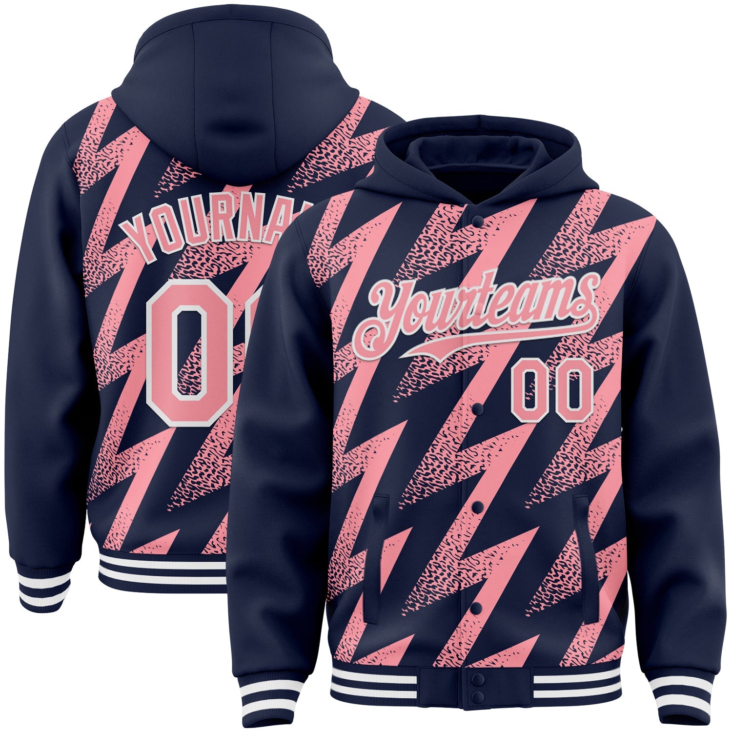 Custom Navy Medium Pink-White Zigzag Shape 3D Pattern Design Bomber Full-Snap Varsity Letterman Hoodie Jacket