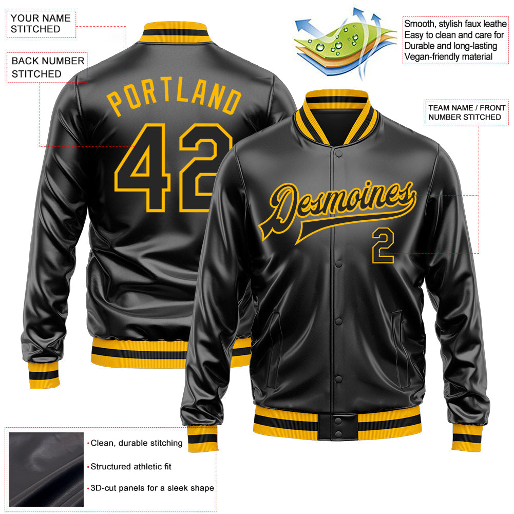 Custom Black Black-Gold Bomber Full-Snap Varsity Faux Leather Letterman Jacket