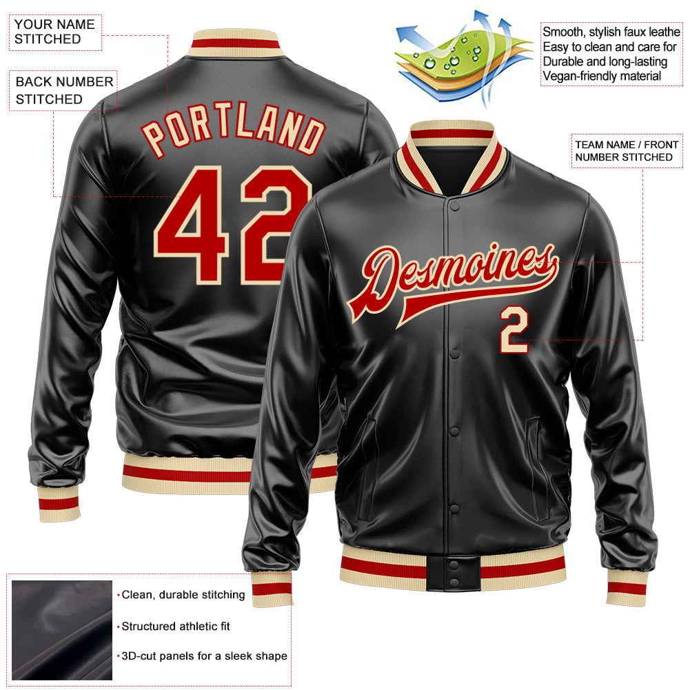 Custom Black Red-Cream Bomber Full-Snap Varsity Faux Leather Letterman Jacket