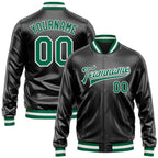 Custom Black Kelly Green-White Bomber Full-Snap Varsity Faux Leather Letterman Jacket