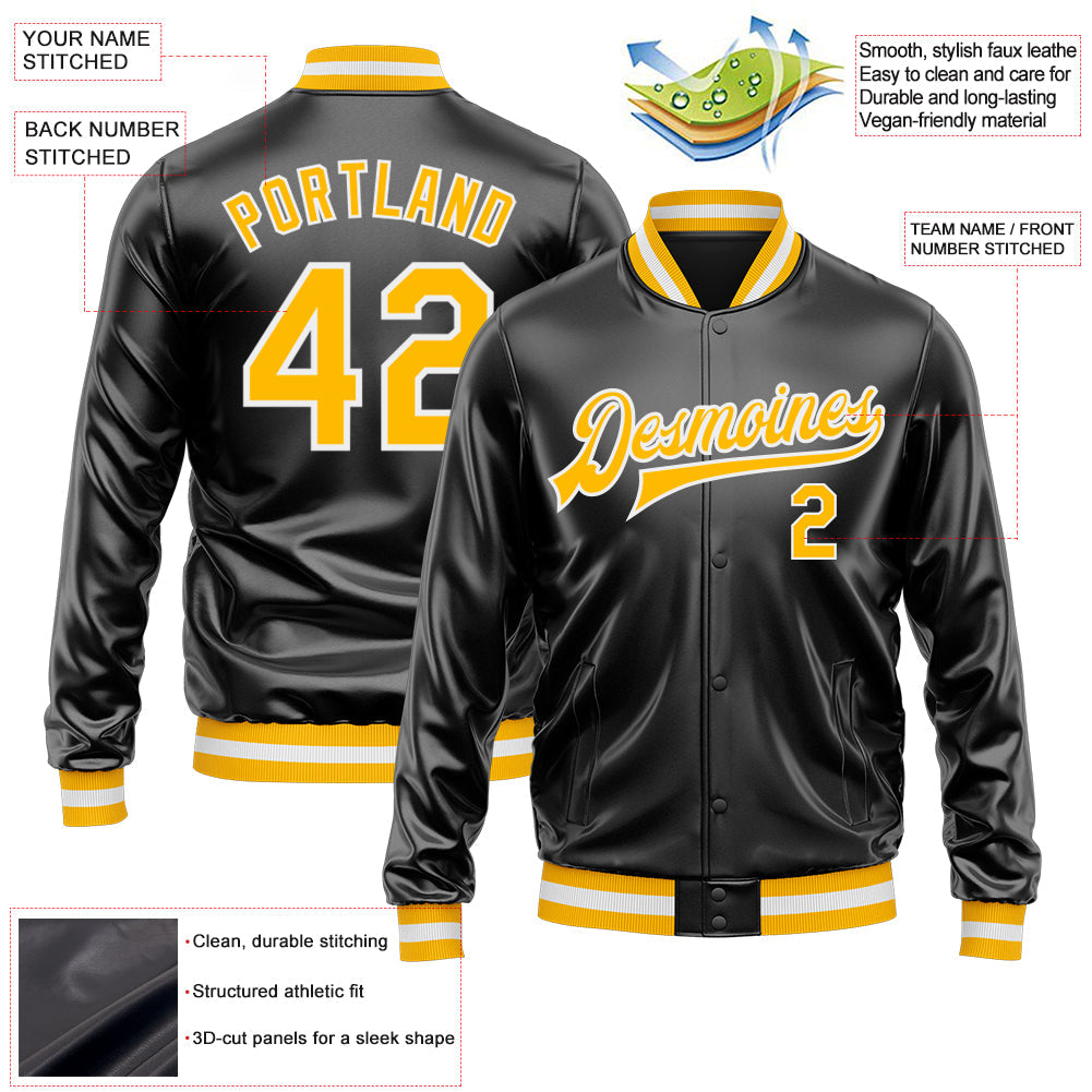 Custom Black Gold-White Bomber Full-Snap Varsity Faux Leather Letterman Jacket