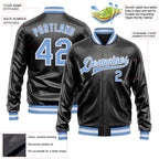 Custom Black Light Blue-White Bomber Full-Snap Varsity Faux Leather Letterman Jacket