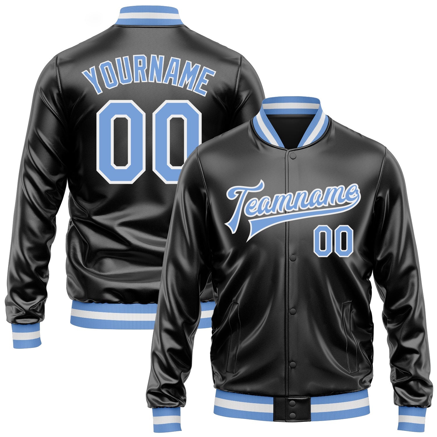 Custom Black Light Blue-White Bomber Full-Snap Varsity Faux Leather Letterman Jacket