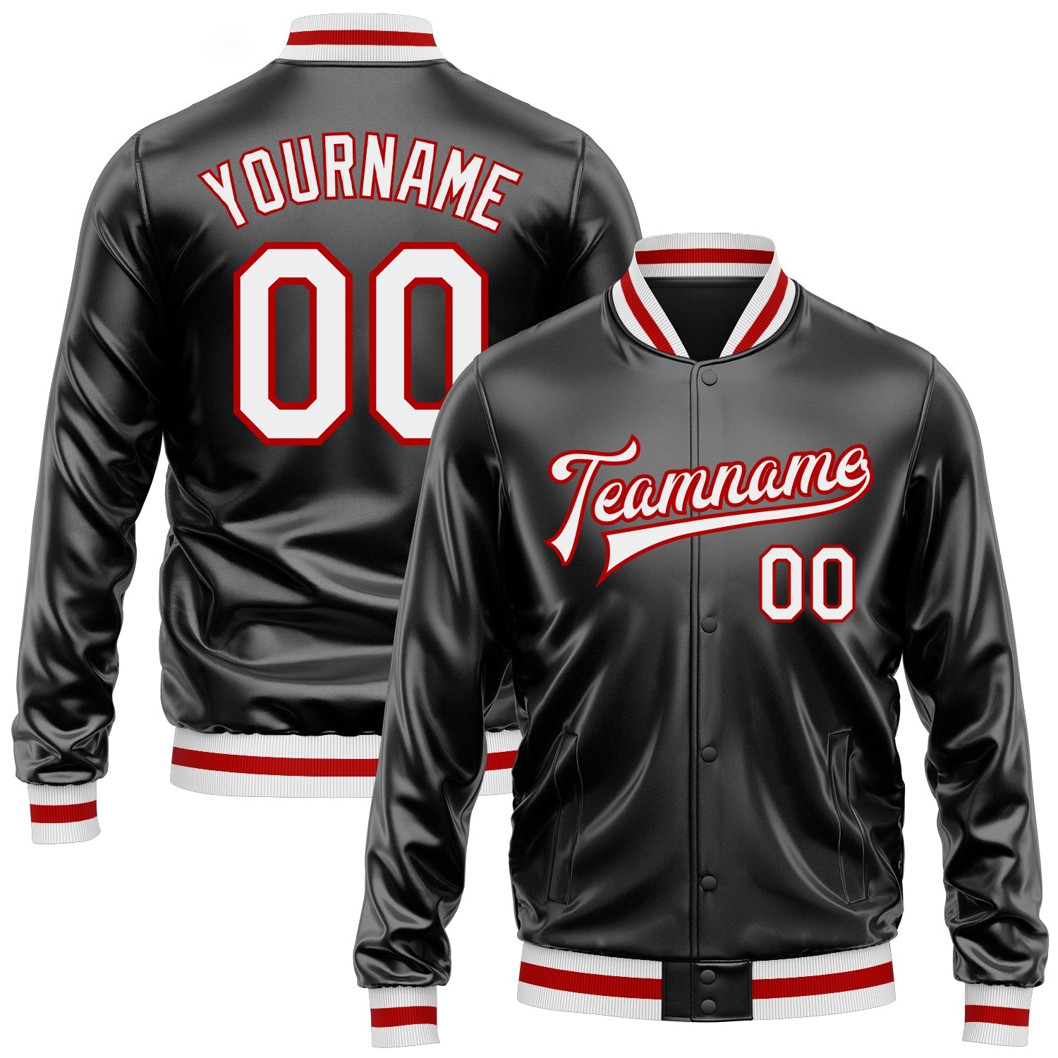 Custom Black White-Red Bomber Full-Snap Varsity Faux Leather Letterman Jacket