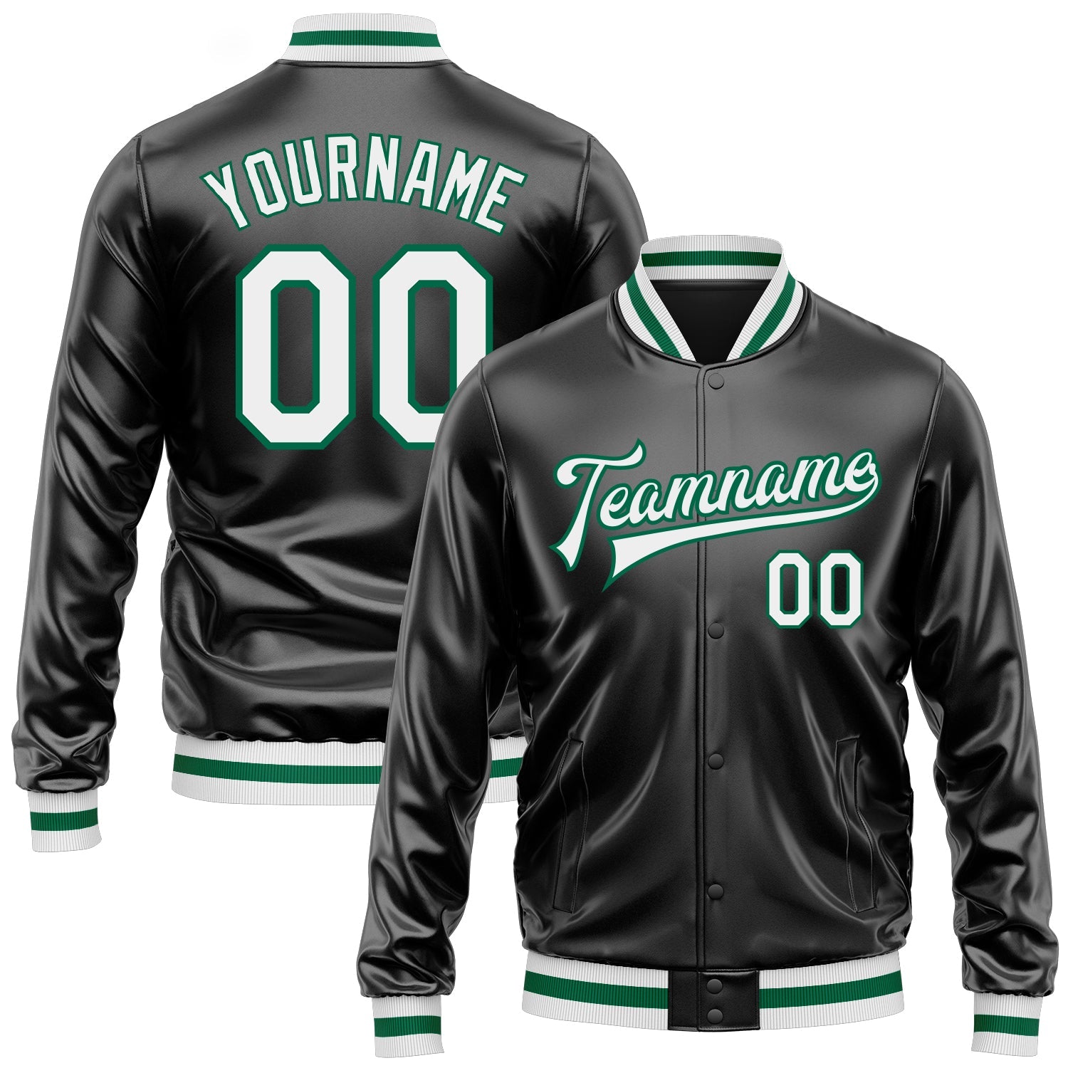Custom Black White-Kelly Green Bomber Full-Snap Varsity Faux Leather Letterman Jacket