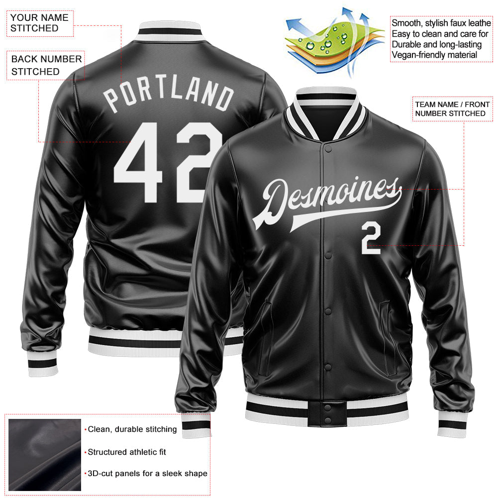 Custom Black White Bomber Full-Snap Varsity Faux Leather Letterman Jacket