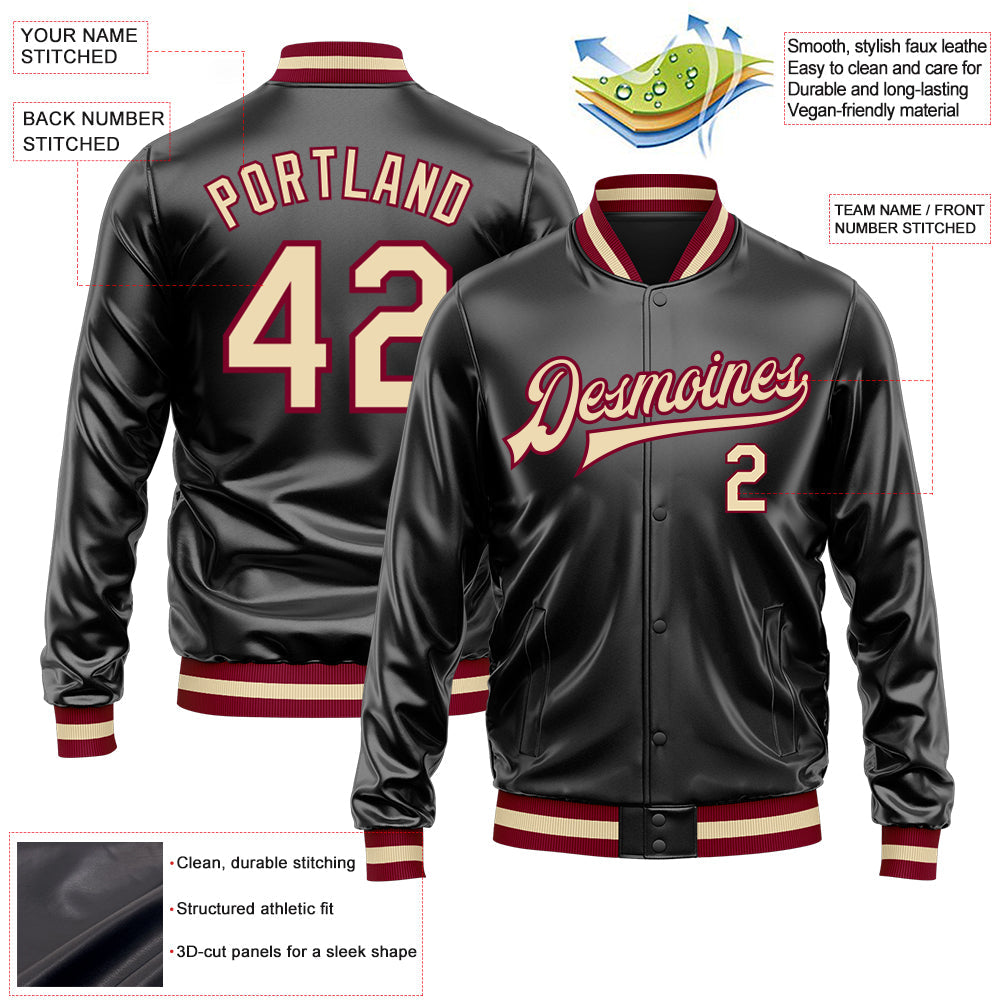 Custom Black Cream-Maroon Bomber Full-Snap Varsity Faux Leather Letterman Jacket