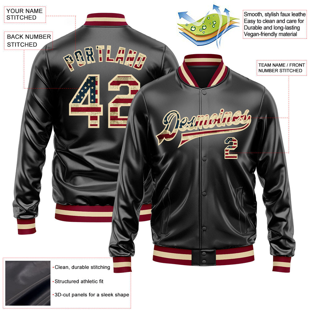 Custom Black Vintage USA Flag-Cream Bomber Full-Snap Varsity Faux Leather Letterman Jacket