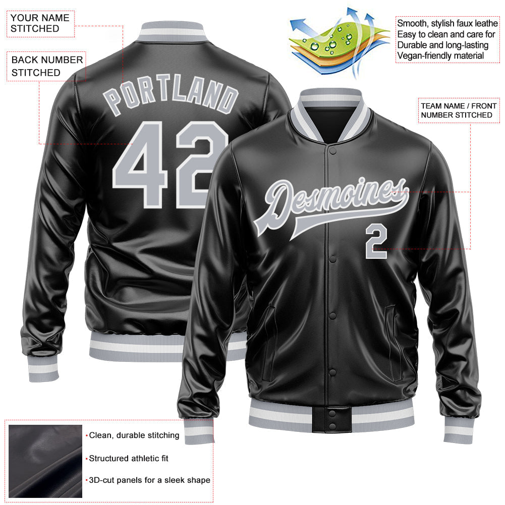 Custom Black Gray-White Bomber Full-Snap Varsity Faux Leather Letterman Jacket
