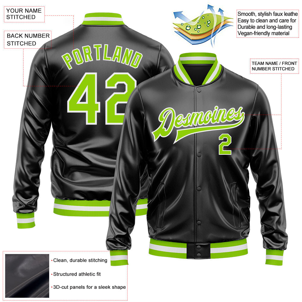 Custom Black Neon Green-White Bomber Full-Snap Varsity Faux Leather Letterman Jacket