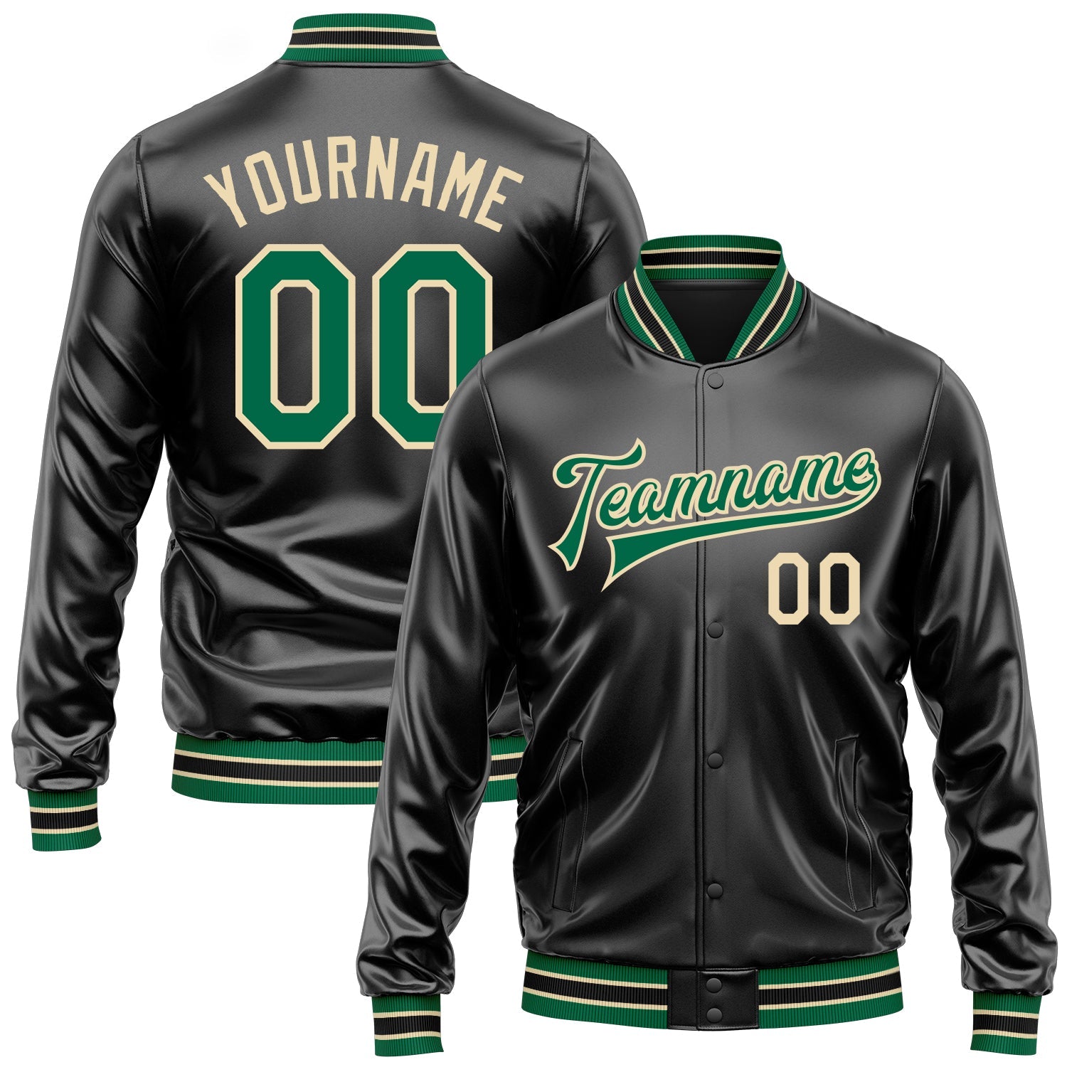 Custom Black Kelly Green-Cream Bomber Full-Snap Varsity Faux Leather Letterman Jacket