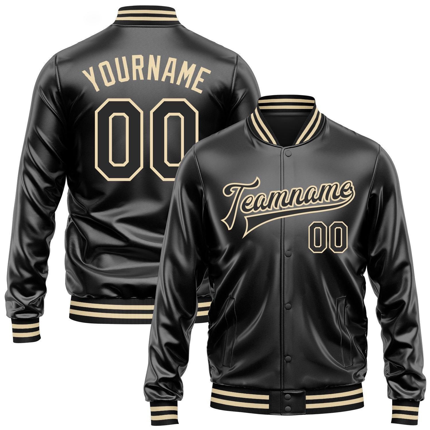 Custom Black Black-Cream Bomber Full-Snap Varsity Faux Leather Letterman Jacket