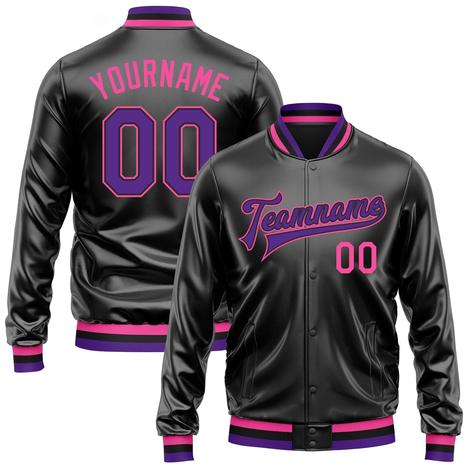 Custom Black Purple-Pink Bomber Full-Snap Varsity Faux Leather Letterman Jacket