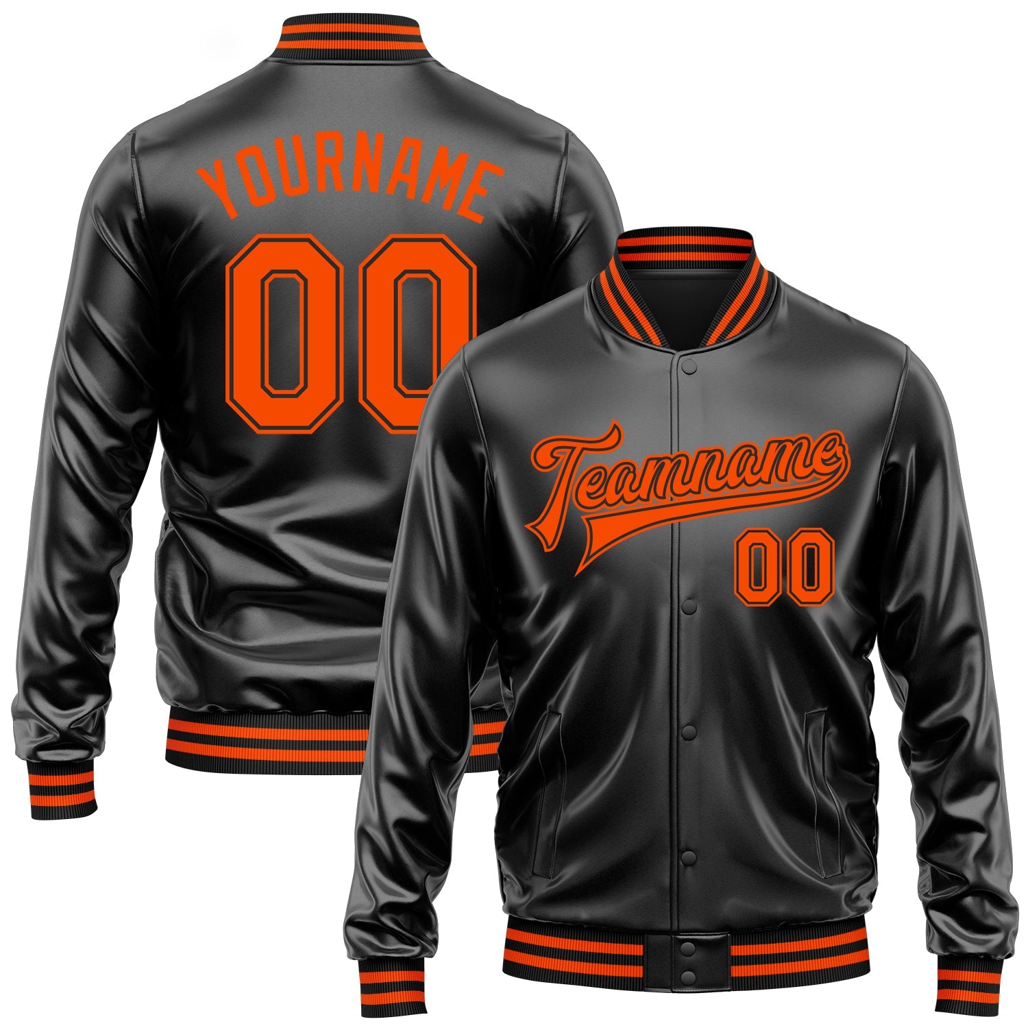 Custom Black Orange-Black Bomber Full-Snap Varsity Faux Leather Letterman Jacket