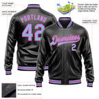 Custom Black Light Blue-Pink Bomber Full-Snap Varsity Faux Leather Letterman Jacket