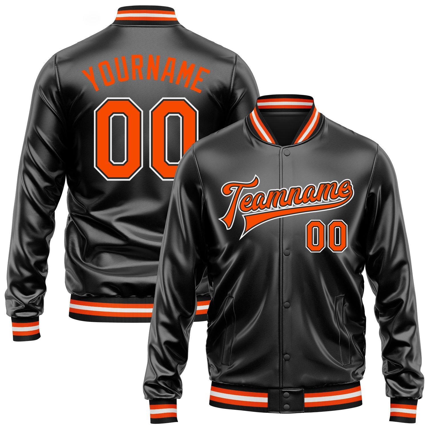 Custom Black Orange-White Bomber Full-Snap Varsity Faux Leather Letterman Jacket