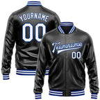 Custom Black White-Royal Bomber Full-Snap Varsity Faux Leather Letterman Jacket
