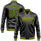 Custom Black Green-Gold Bomber Full-Snap Varsity Faux Leather Letterman Jacket