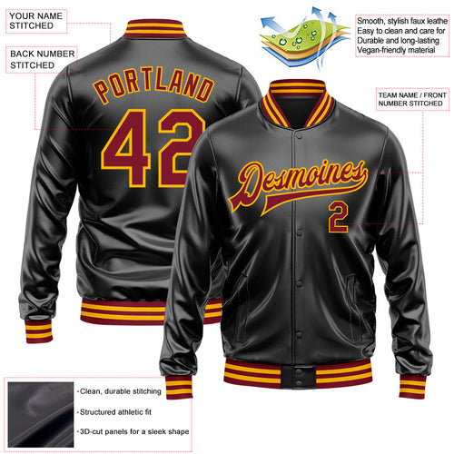 Custom Black Crimson-Gold Bomber Full-Snap Varsity Faux Leather Letterman Jacket