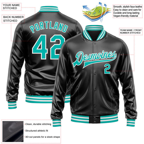 Custom Black Aqua-White Bomber Full-Snap Varsity Faux Leather Letterman Jacket