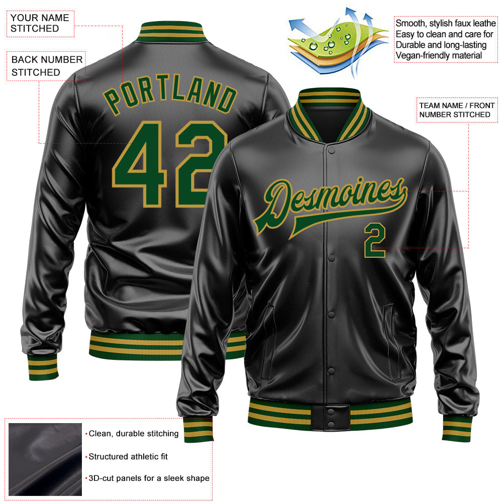 Custom Black Green-Old Gold Bomber Full-Snap Varsity Faux Leather Letterman Jacket