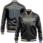 Custom Black Royal-Yellow Bomber Full-Snap Varsity Faux Leather Letterman Jacket
