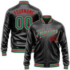 Custom Black Kelly Green-Red Bomber Full-Snap Varsity Faux Leather Letterman Jacket