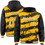 Custom Black Gold-White Splash 3D Pattern Design Bomber Full-Snap Varsity Letterman Hoodie Jacket