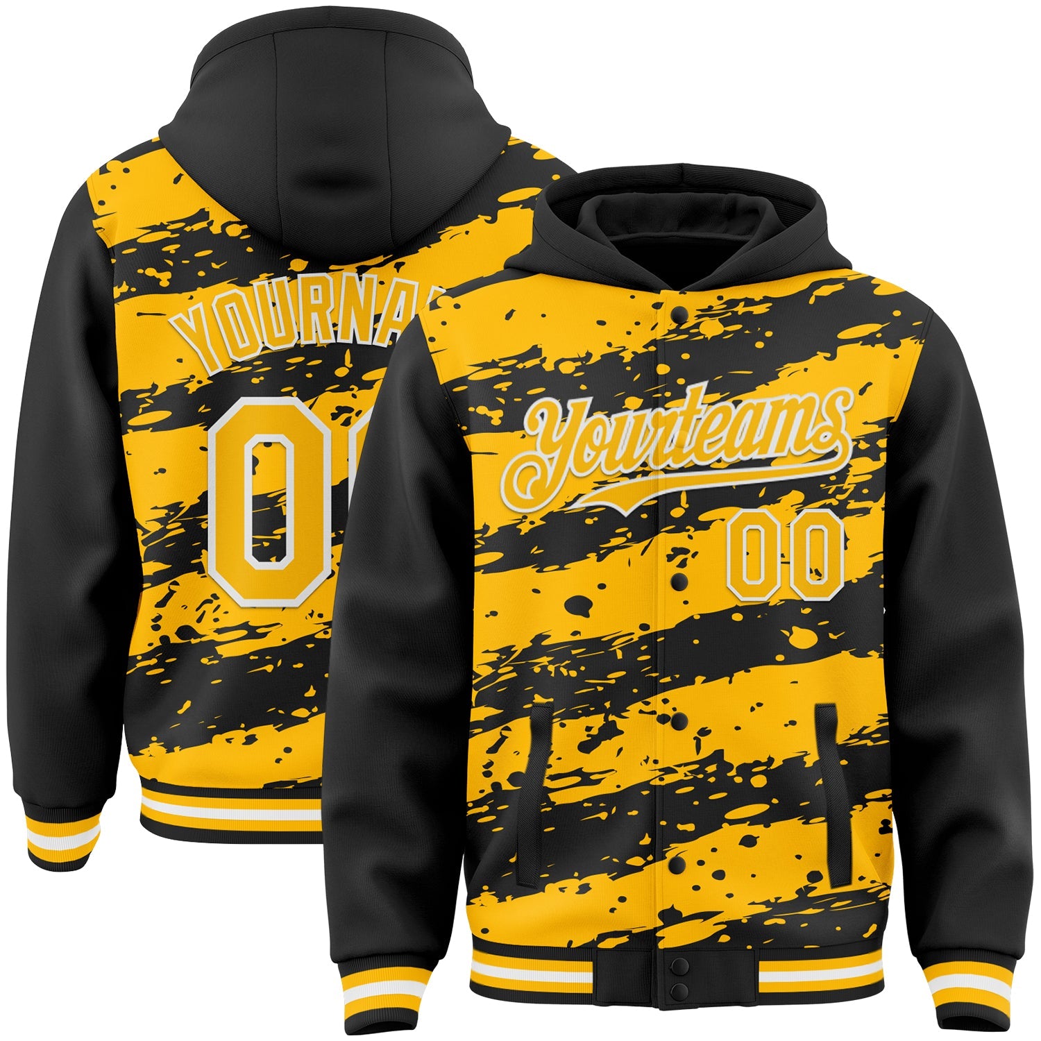 Custom Black Gold-White Splash 3D Pattern Design Bomber Full-Snap Varsity Letterman Hoodie Jacket