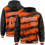 Custom Black Orange-White Splash 3D Pattern Design Bomber Full-Snap Varsity Letterman Hoodie Jacket