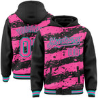 Custom Black Pink-Aqua Splash 3D Pattern Design Bomber Full-Snap Varsity Letterman Hoodie Jacket