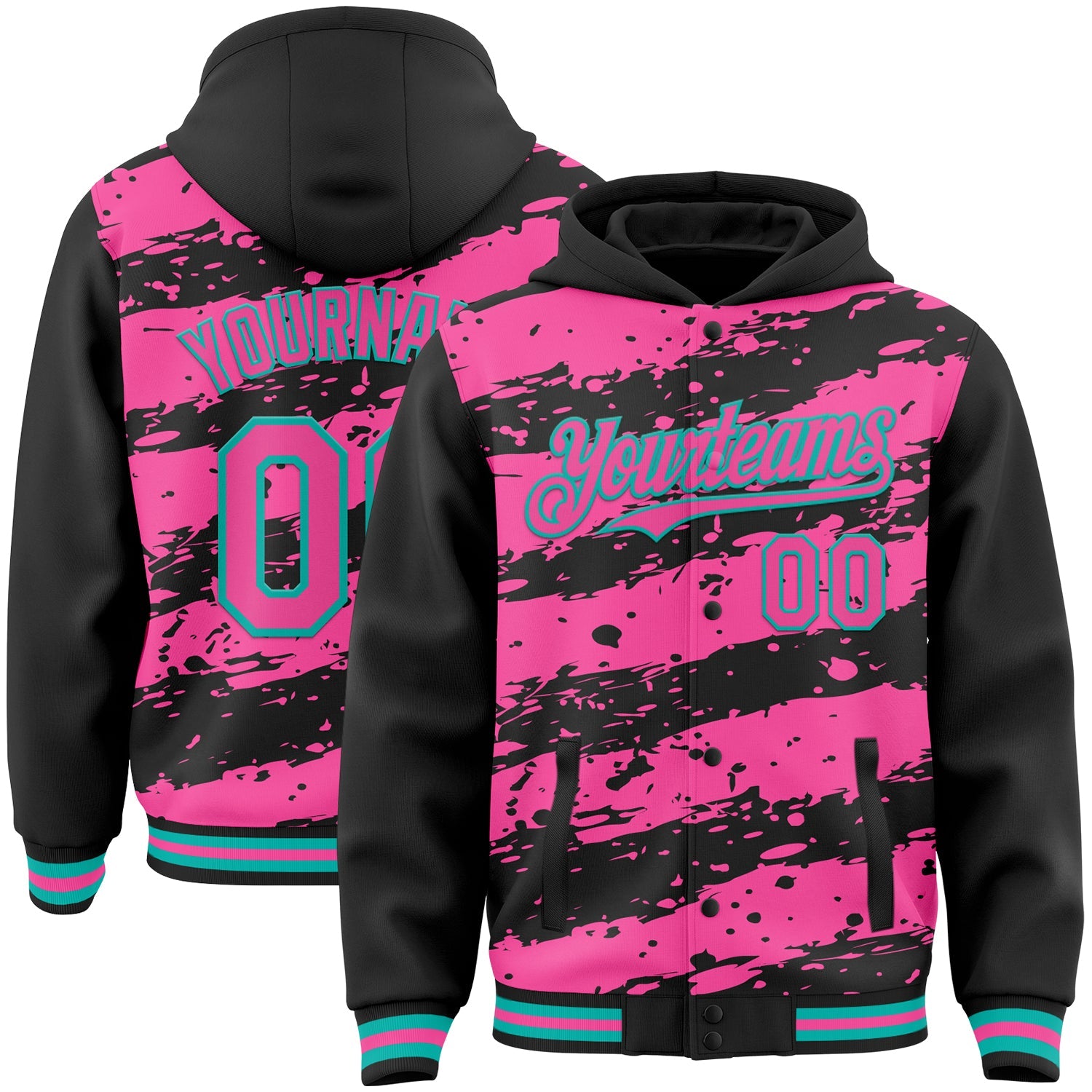 Custom Black Pink-Aqua Splash 3D Pattern Design Bomber Full-Snap Varsity Letterman Hoodie Jacket