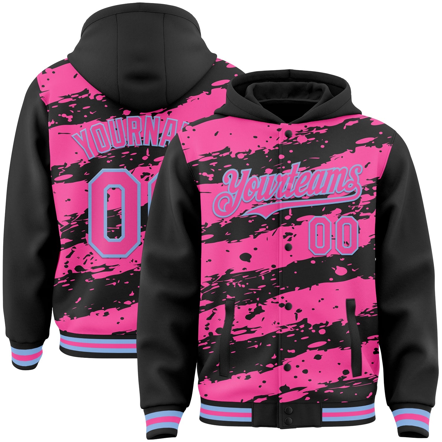 Custom Black Pink-Light Blue Splash 3D Pattern Design Bomber Full-Snap Varsity Letterman Hoodie Jacket