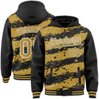 Custom Black Old Gold-White Splash 3D Pattern Design Bomber Full-Snap Varsity Letterman Hoodie Jacket