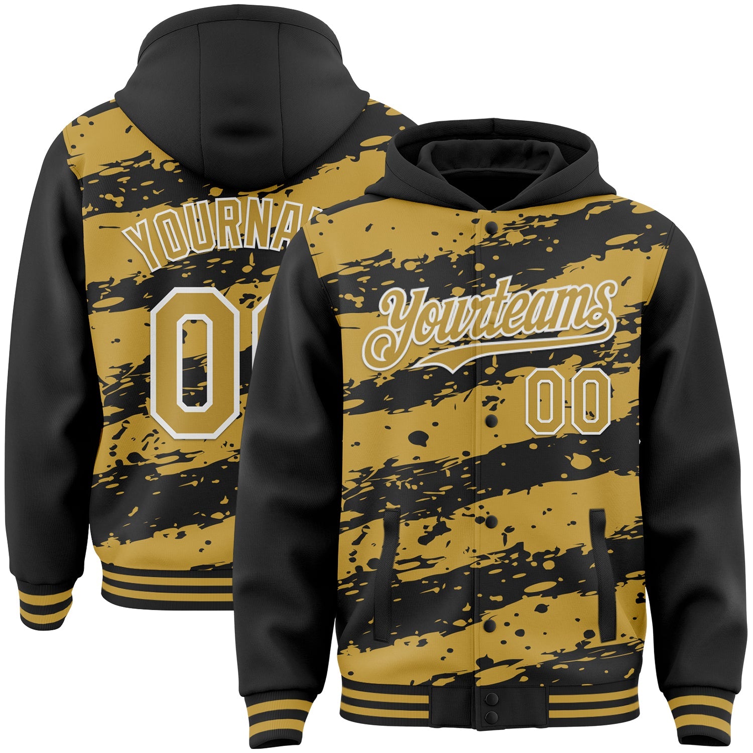 Custom Black Old Gold-White Splash 3D Pattern Design Bomber Full-Snap Varsity Letterman Hoodie Jacket