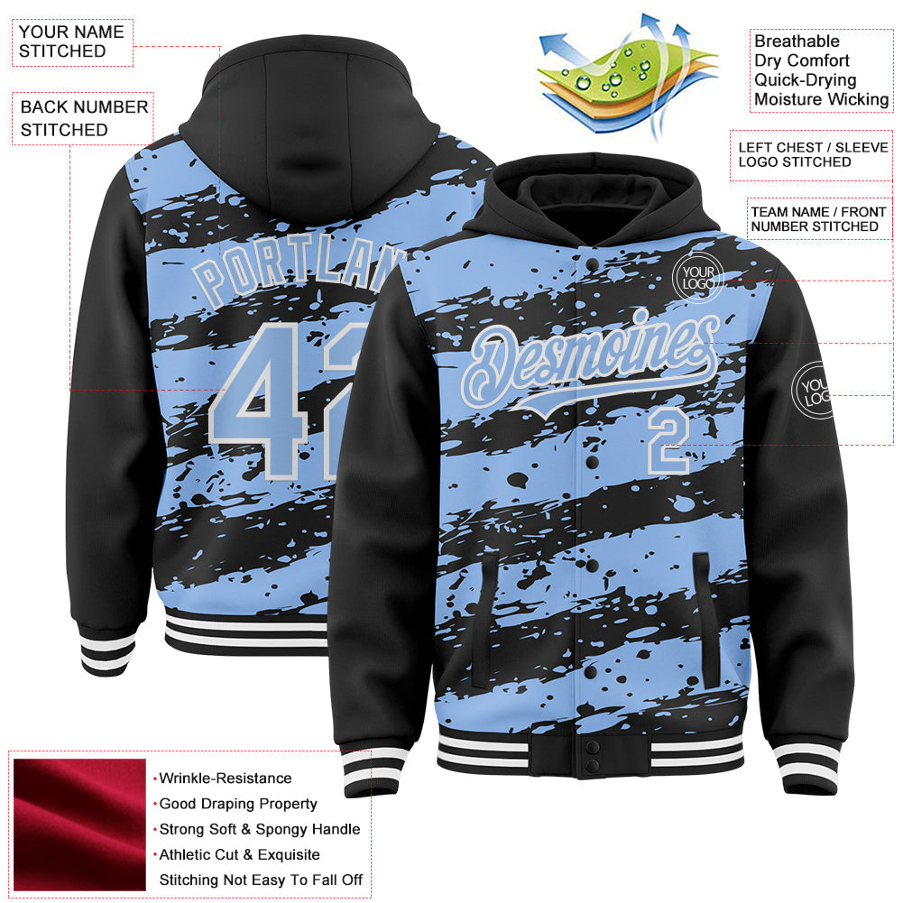 Custom Black Light Blue-White Splash 3D Pattern Design Bomber Full-Snap Varsity Letterman Hoodie Jacket