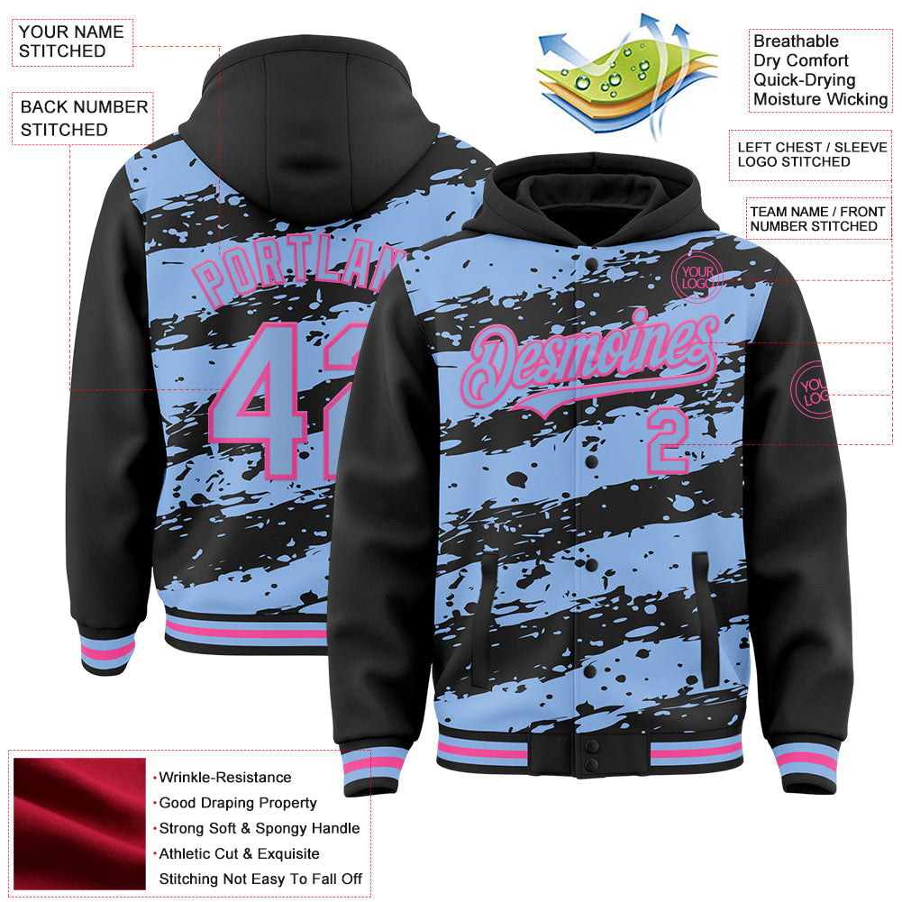 Custom Black Light Blue-Pink Splash 3D Pattern Design Bomber Full-Snap Varsity Letterman Hoodie Jacket