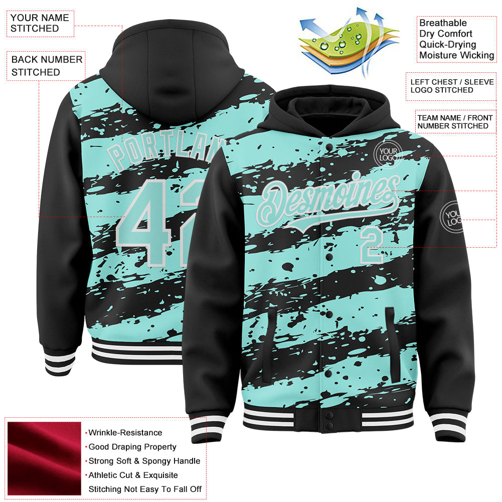 Custom Black Ice Blue-White Splash 3D Pattern Design Bomber Full-Snap Varsity Letterman Hoodie Jacket