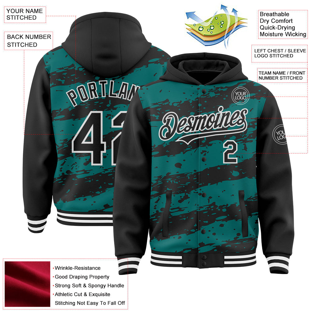 Custom Teal Black-White Splash 3D Pattern Design Bomber Full-Snap Varsity Letterman Hoodie Jacket
