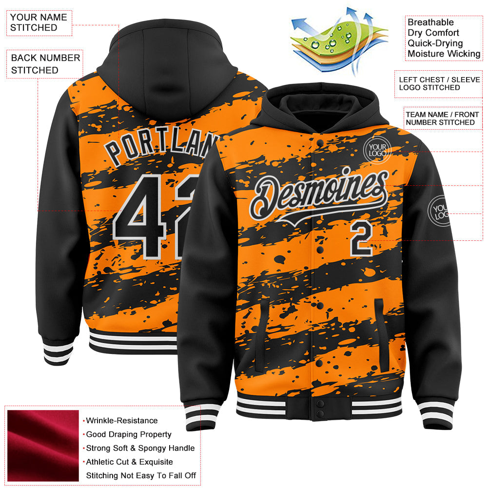 Custom Bay Orange Black-White Splash 3D Pattern Design Bomber Full-Snap Varsity Letterman Hoodie Jacket