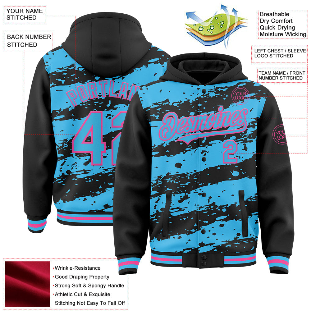 Custom Black Sky Blue-Pink Splash 3D Pattern Design Bomber Full-Snap Varsity Letterman Hoodie Jacket