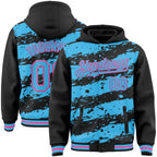 Custom Black Sky Blue-Pink Splash 3D Pattern Design Bomber Full-Snap Varsity Letterman Hoodie Jacket