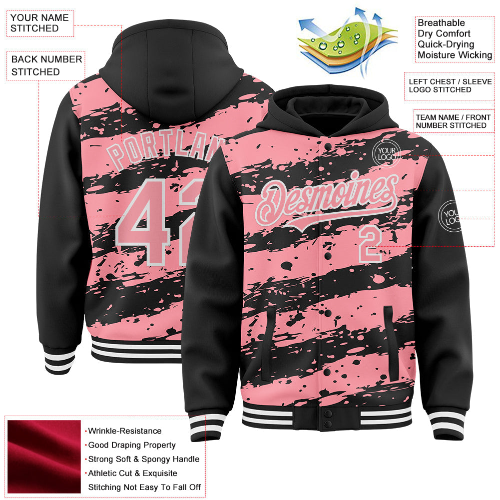 Custom Black Medium Pink-White Splash 3D Pattern Design Bomber Full-Snap Varsity Letterman Hoodie Jacket