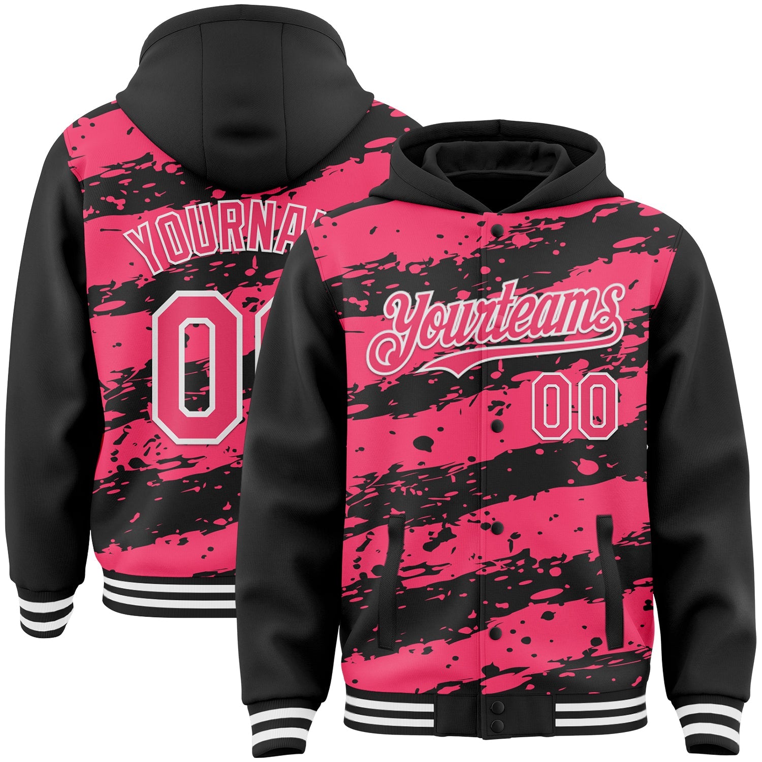 Custom Black Neon Pink-White Splash 3D Pattern Design Bomber Full-Snap Varsity Letterman Hoodie Jacket