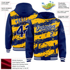 Custom Gold Royal-White Splash 3D Pattern Design Bomber Full-Snap Varsity Letterman Hoodie Jacket